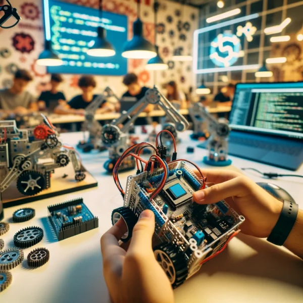 DALL·E 2024-05-14 16.00.55 - A close-up, first-person perspective inside a modern robotics classroom. The focus is on a student's hands assembling a robot from a kit, which includ